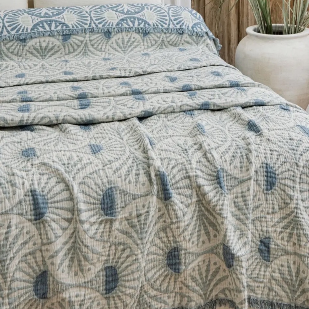 Teal Gingko Deco King Bedspread Luxury Muslin Cotton FLiPSiDE 2 Side Design NEW